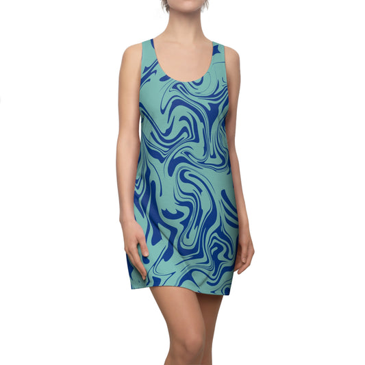 Aqua Dunkelblau Marmor Racerback Kleid – Trendige Sommer Damenmode