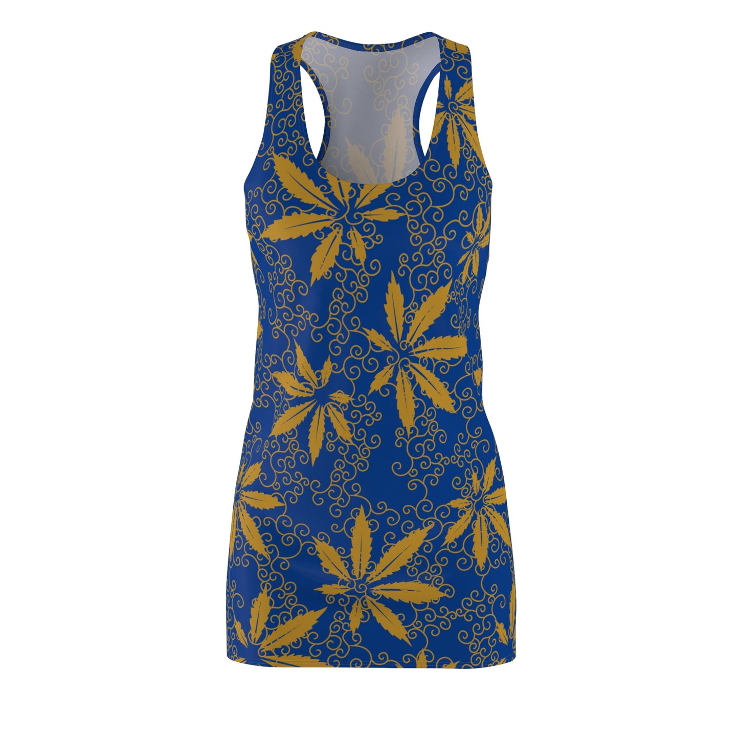 Cannabis Racerback Kleid Damen – Blau Gold Sommerkleid mit Hanfblättern