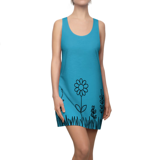 Türkis Blumen Racerback Kleid – Bequemes Sommerkleid