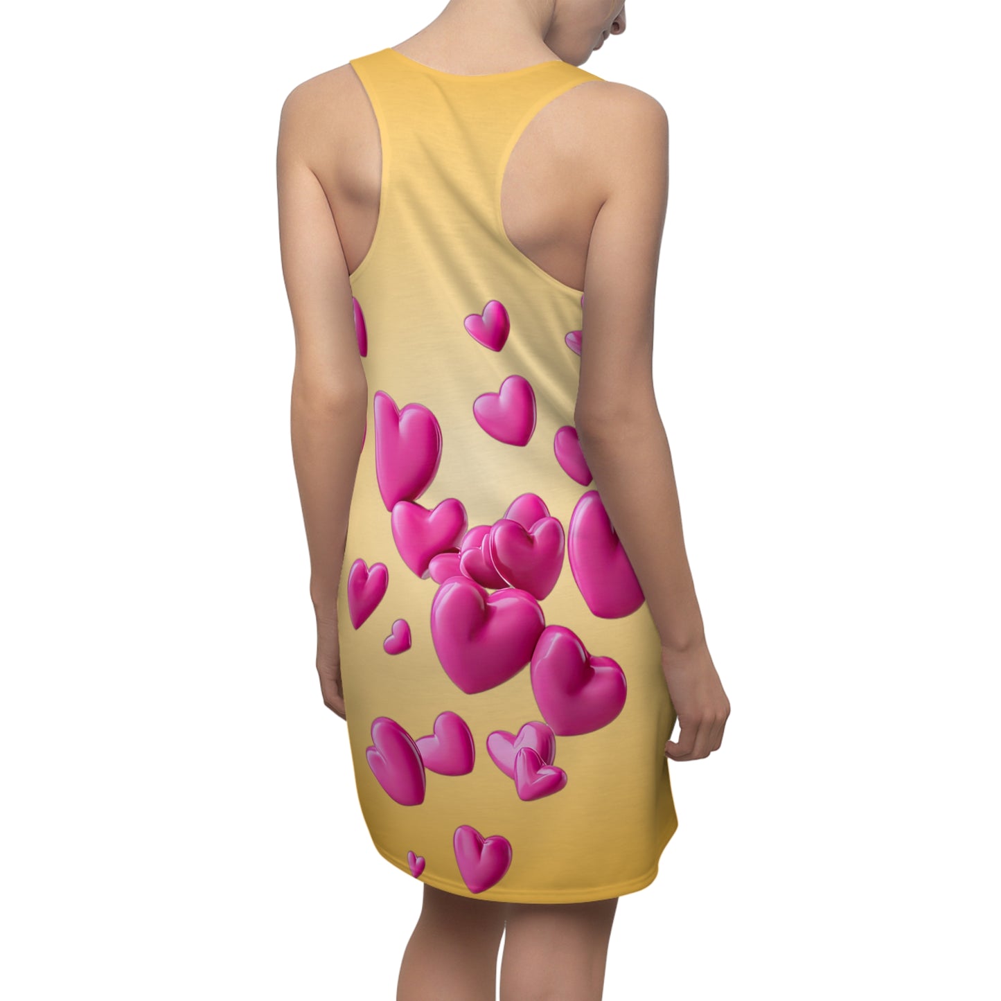 Goldgelbes Racerback Kleid mit pinken 3D Herzen – Farbverlauf
