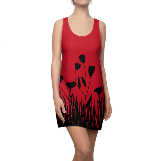 Blumensilhouette Racerback Kleid – Elegant Schwarz Dunkelrot
