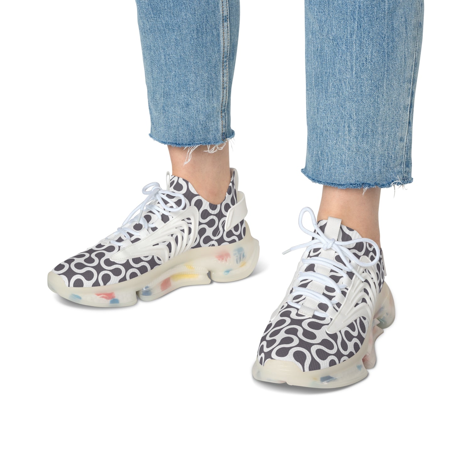 Damen Sneaker Schwarz Weiß Muster Mesh Atmungsaktiv Bequeme Schuhe