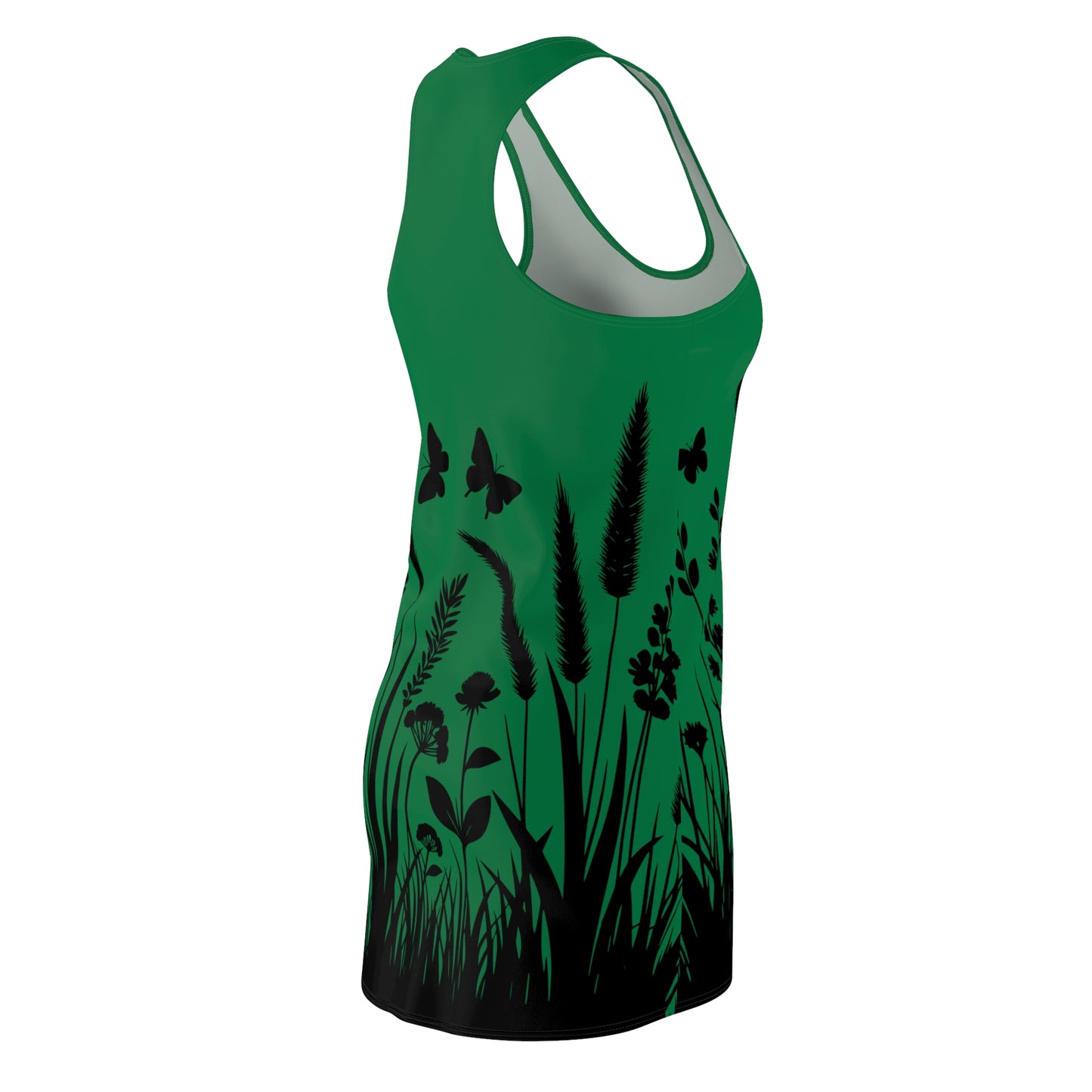 Dunkelgrünes Naturmuster Racerback Kleid – Schmetterling & Blumen Design