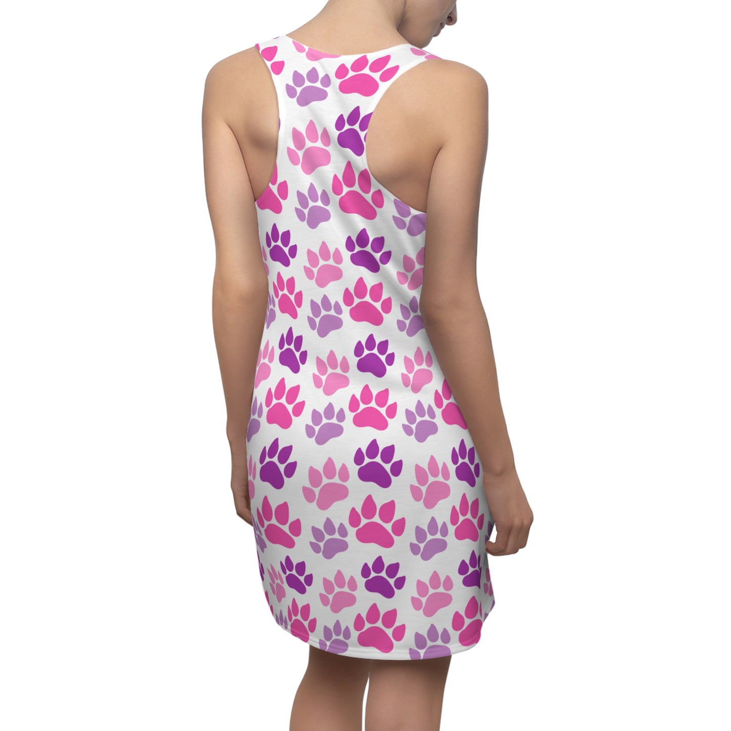 Racerback Kleid Damen – Weißes Sommerkleid mit pinken Pfotenmustern