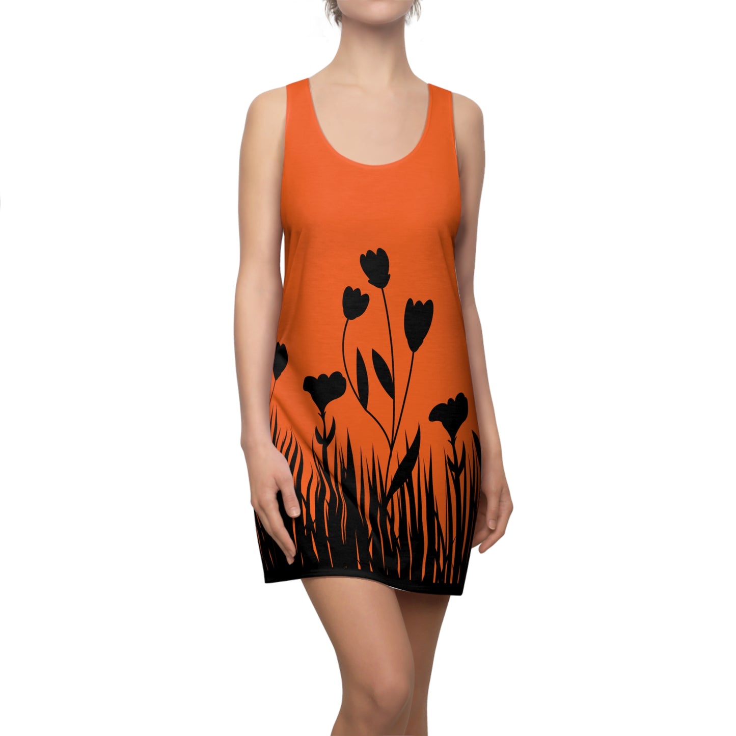 Blumensilhouette Racerback Kleid – Elegant Schwarz Orange
