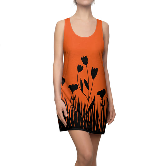 Blumensilhouette Racerback Kleid – Elegant Schwarz Orange