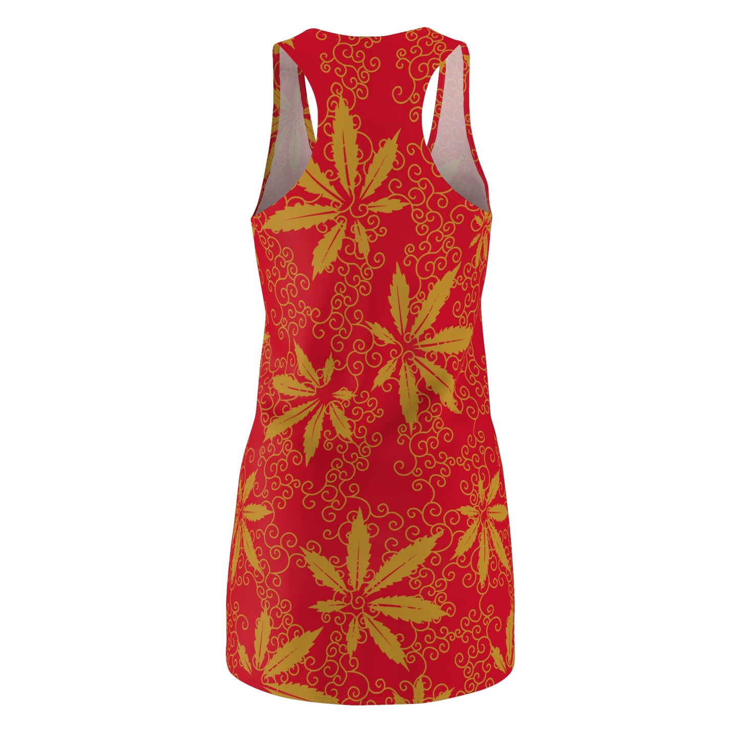 Cannabis Racerback Kleid Damen – Rot Gold Sommerkleid mit Hanfblättern