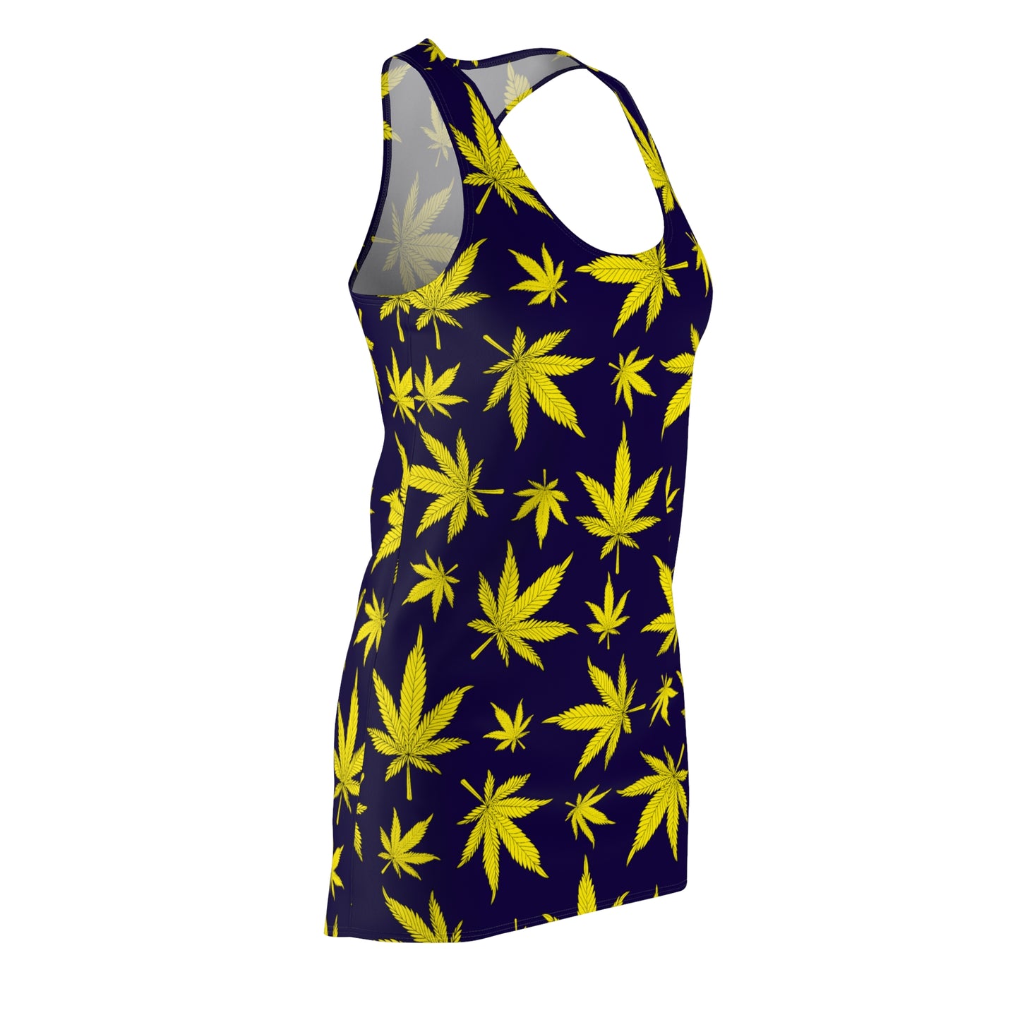 Damen Racerback Kleid Dunkelblau mit Gelben Cannabis Blättern – Sommerkleid