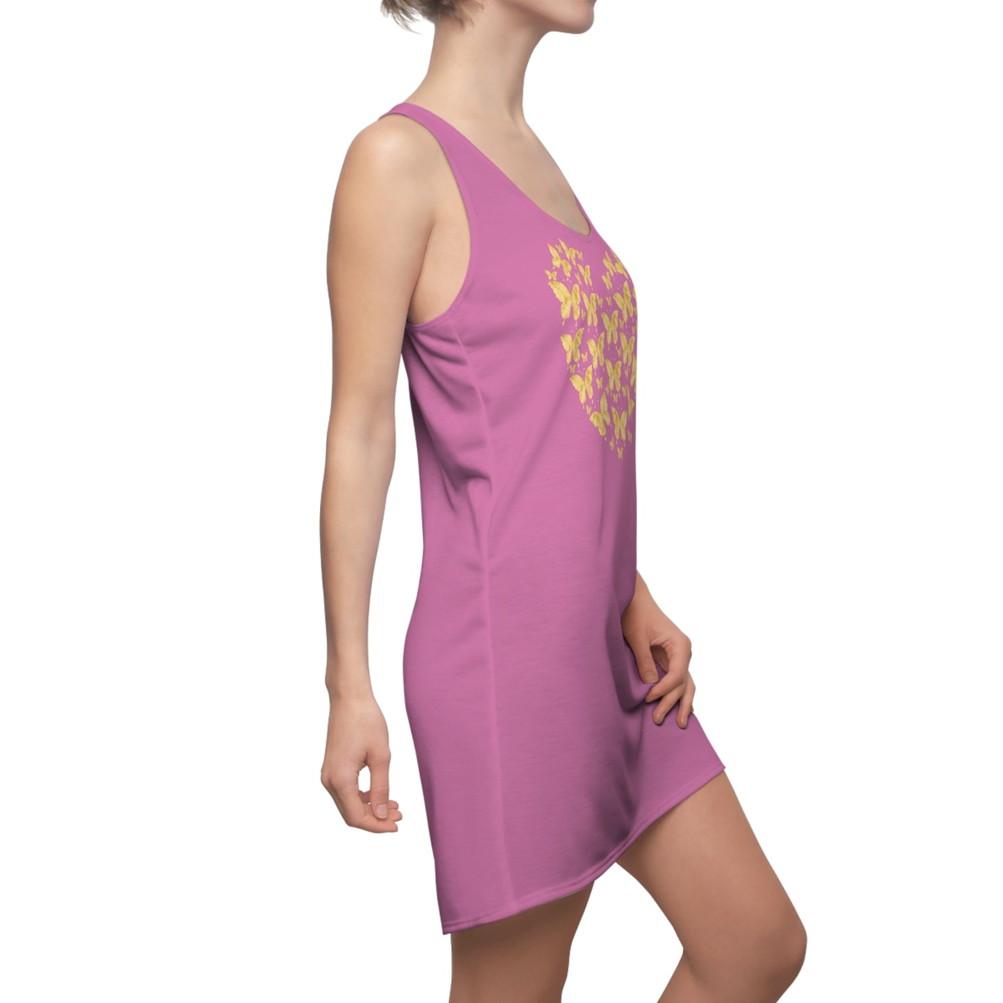 Rosa Schmetterlingsherz Racerback Kleid – Gold Sommerkleid