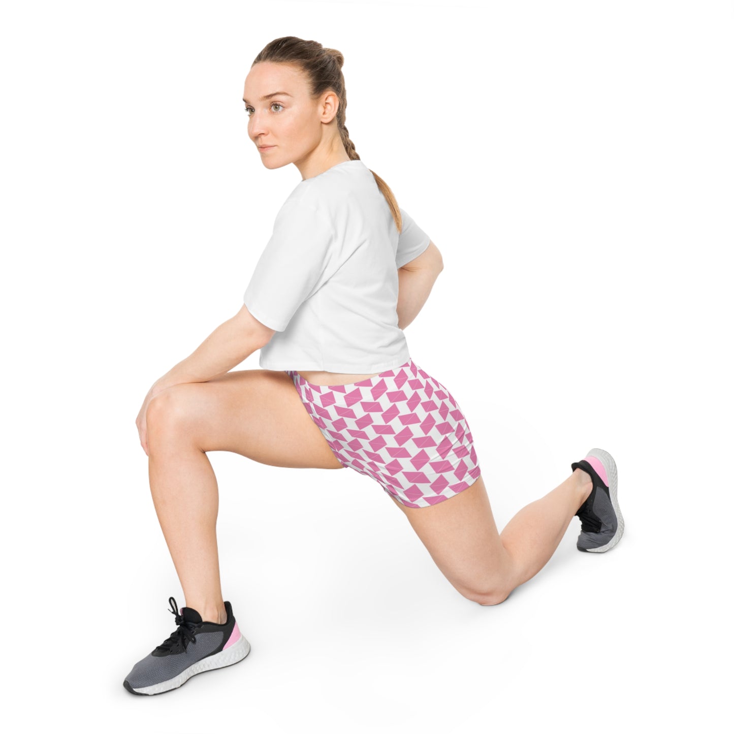 Women’s Shorts Pink Geometric Cube Pattern, Summer Casual