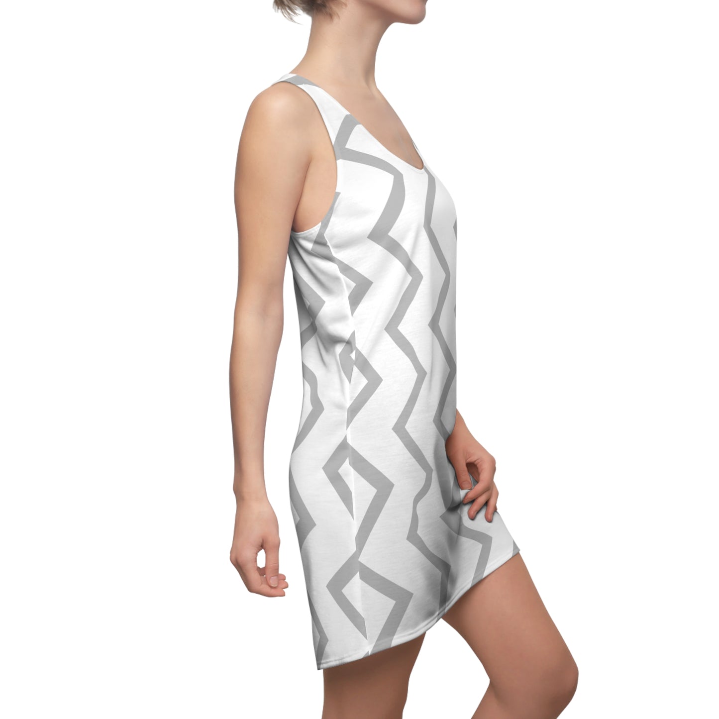 Zickzack Racerback Kleid – Grau Weiß Sommer Damenmode