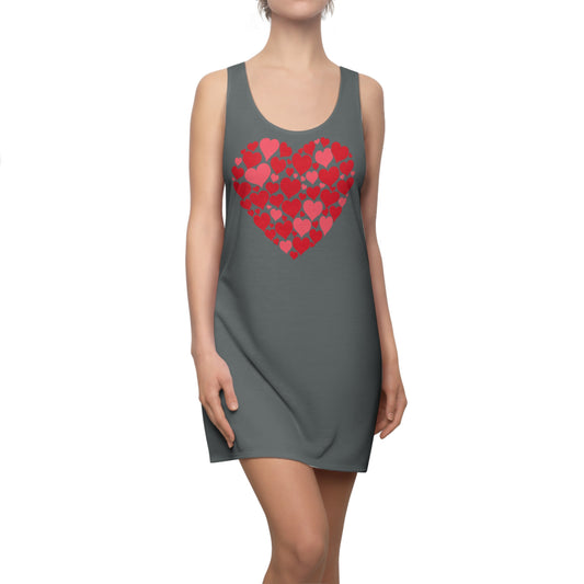 DunkelGraues Damen Kleid Herz Muster Weiss Rot Racerback Casual Party