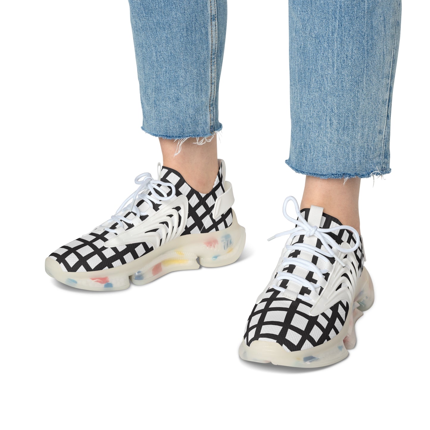 Damen Sneaker Schwarz Weiß Modern Linienmuster Atmungsaktiv