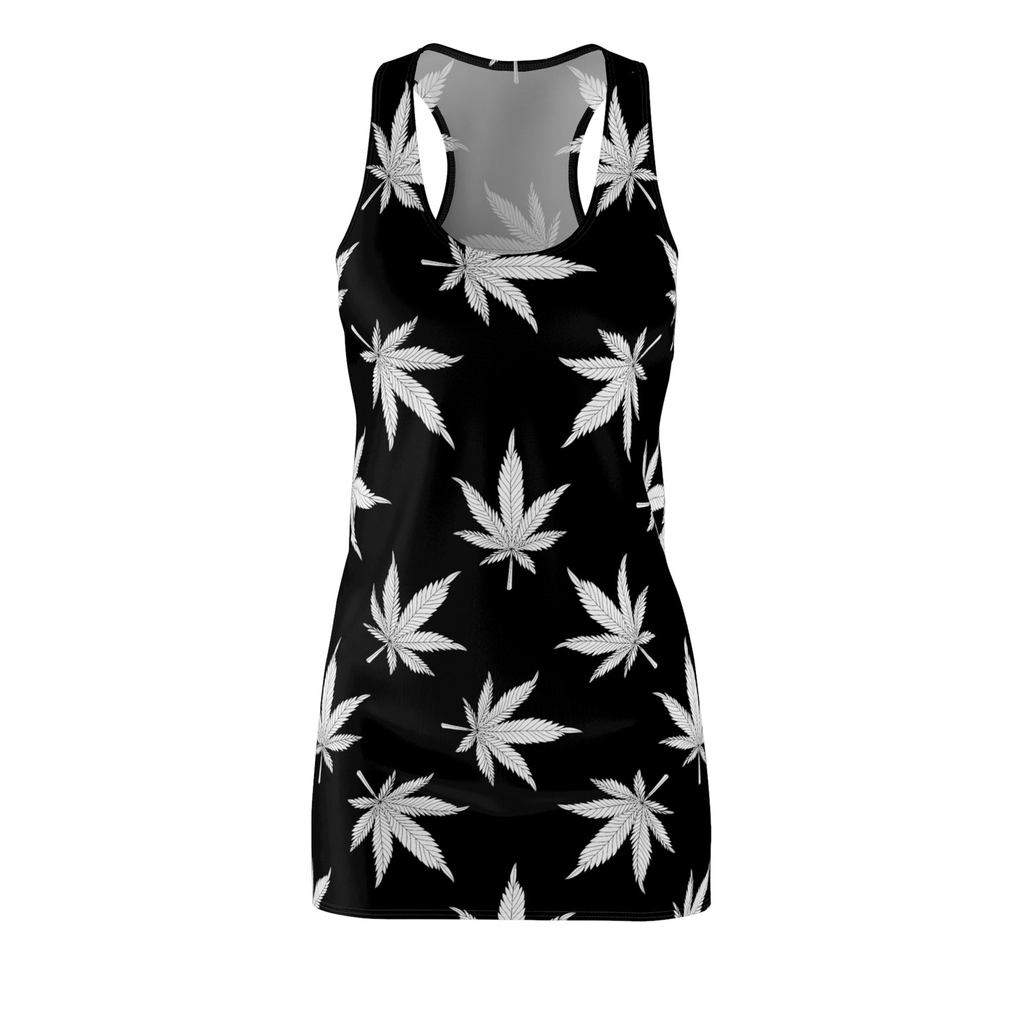 Cannabis Racerback Kleid Damen – Schwarzes Sommerkleid mit Hanfblättern
