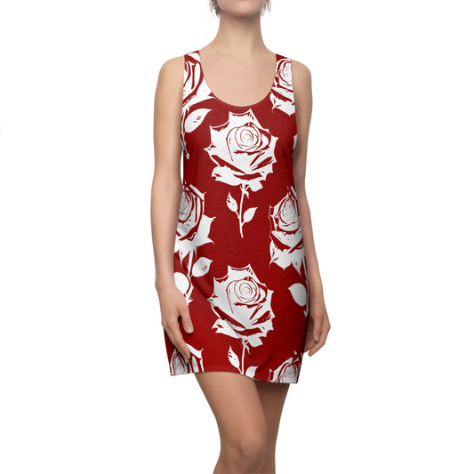 Racerback Kleid Damen – Rot Weiß Sommerkleid mit Rosenmuster Elegant