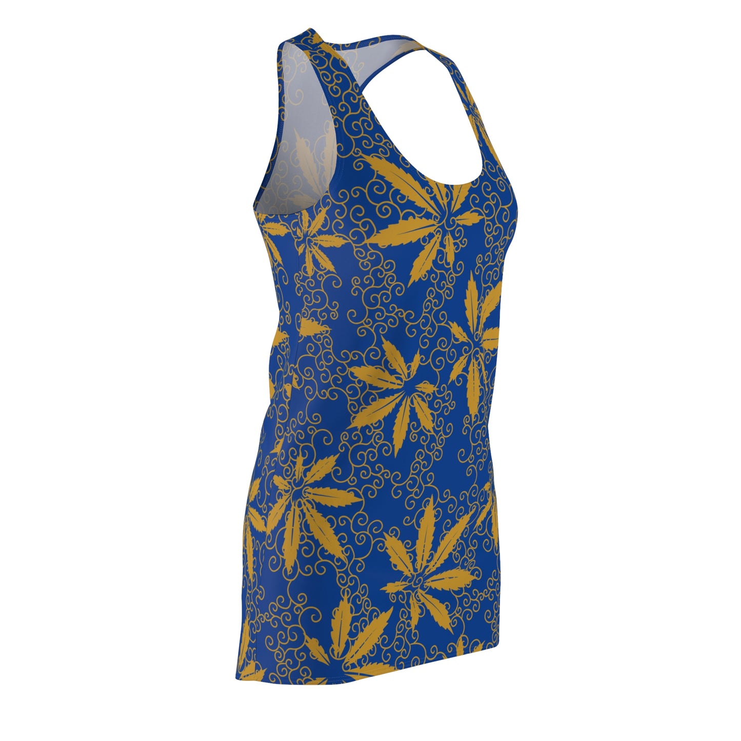 Cannabis Racerback Kleid Damen – Blau Gold Sommerkleid mit Hanfblättern