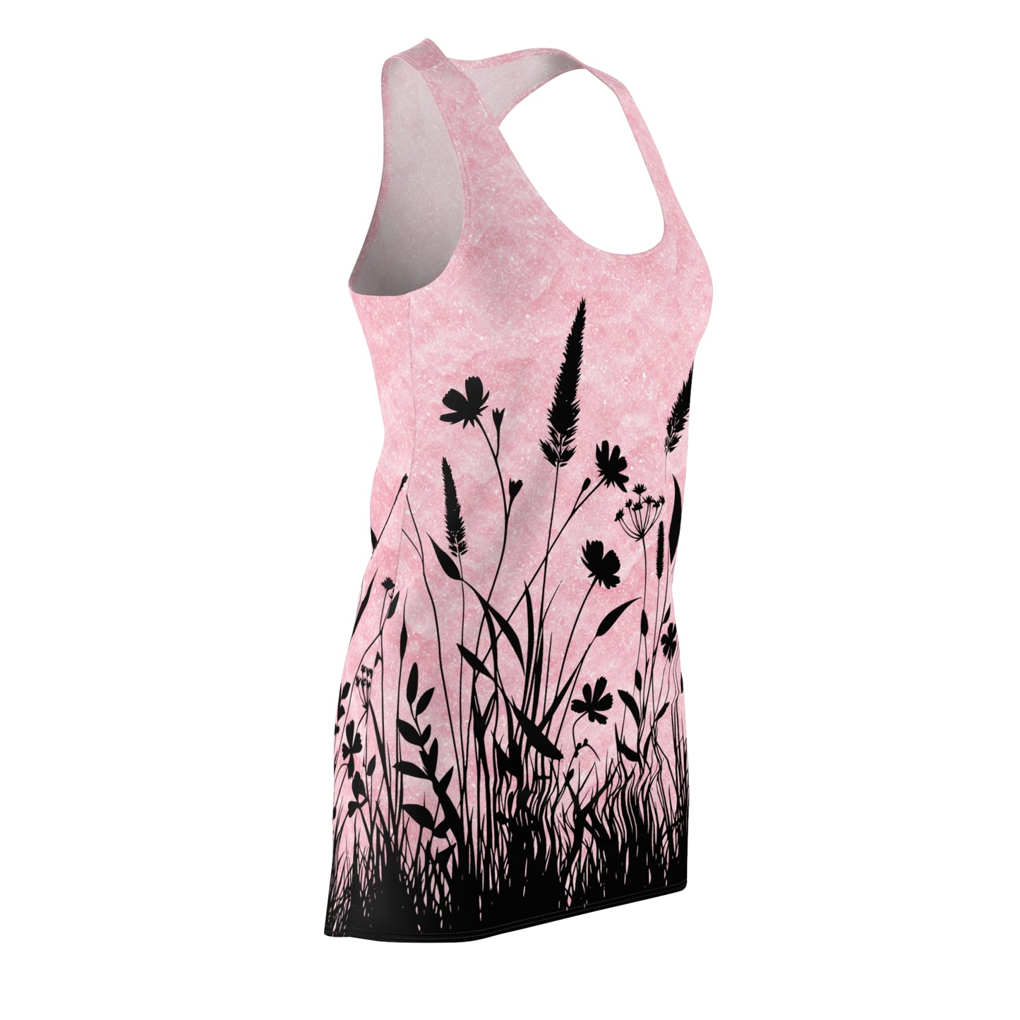 Racerback Kleid Damen – Rosa Sommerkleid mit Blumen und Gräsern