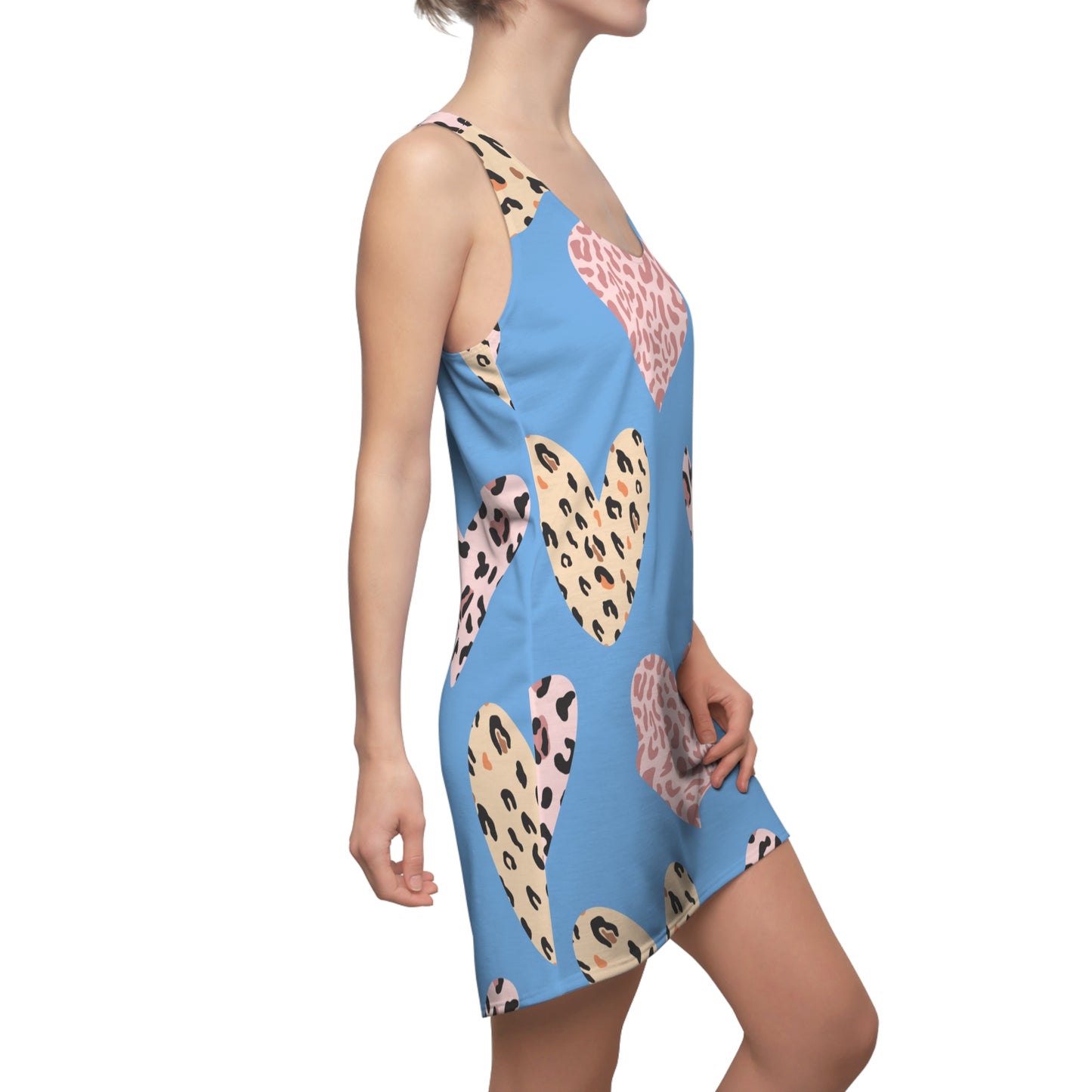 Hellblau Herz Leopard Racerback Kleid – Weiß Pink Sommerkleid