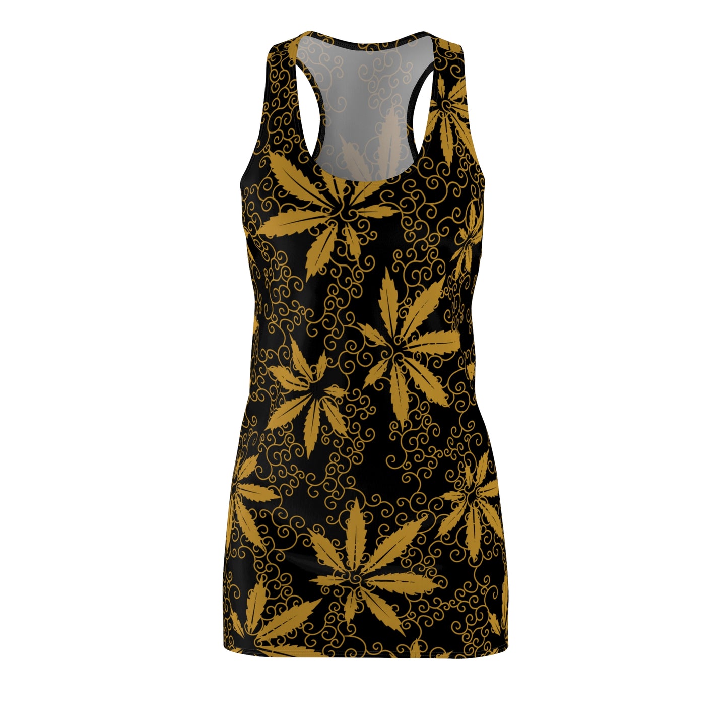 Cannabis Racerback Kleid Damen – Gold Sommerkleid mit Hanfblättern