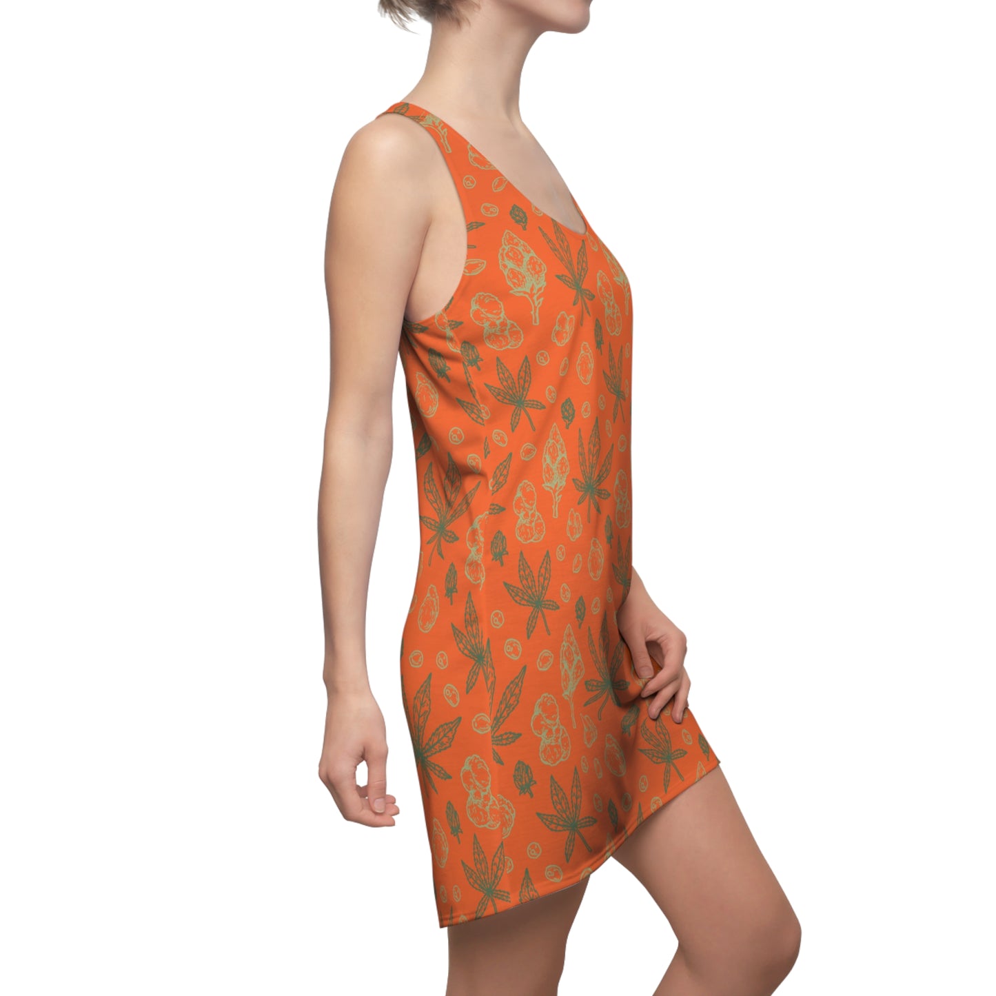 Damen Racerback Kleid Orange mit Cannabis Blättern – Sommerkleid