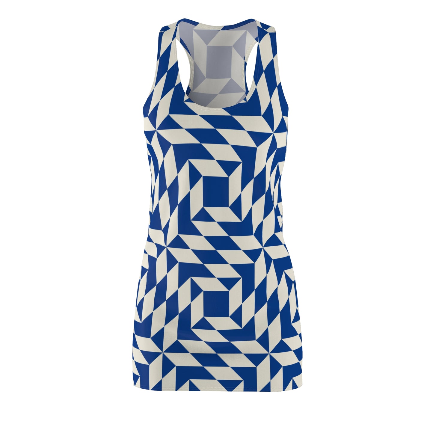 Racerback Kleid Damen – blaues Sommerkleid mit geometrischem Muster