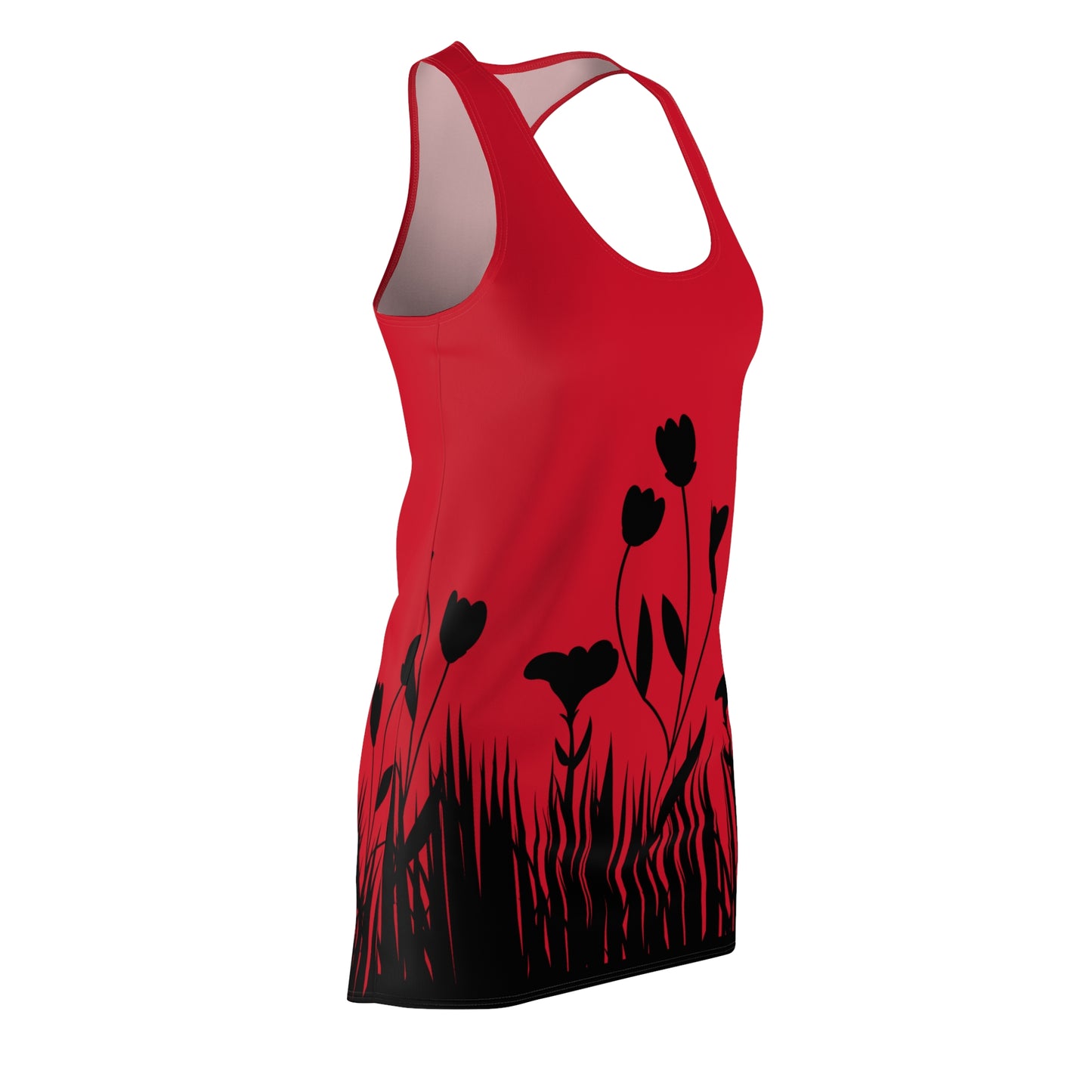 Blumensilhouette Racerback Kleid – Elegant Schwarz Dunkelrot