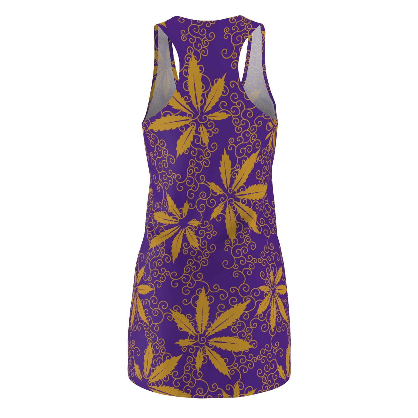 Cannabis Racerback Kleid Damen – lila Gold Sommerkleid mit Hanfblättern