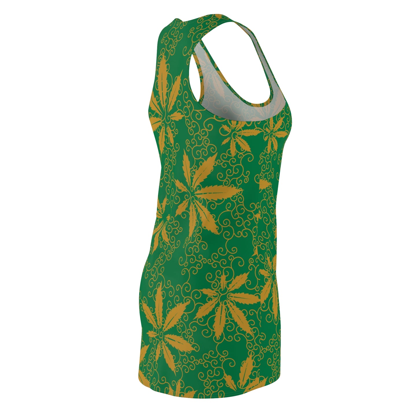 Cannabis Racerback Kleid Damen – grün Gold Sommerkleid mit Hanfblättern