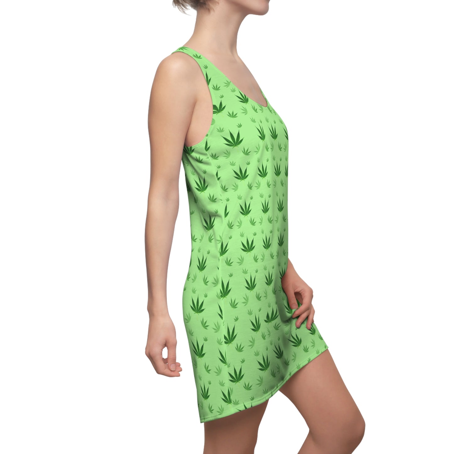 Damen Racerback Kleid Grün mit Cannabis Blättern – Sommer Freizeitkleid