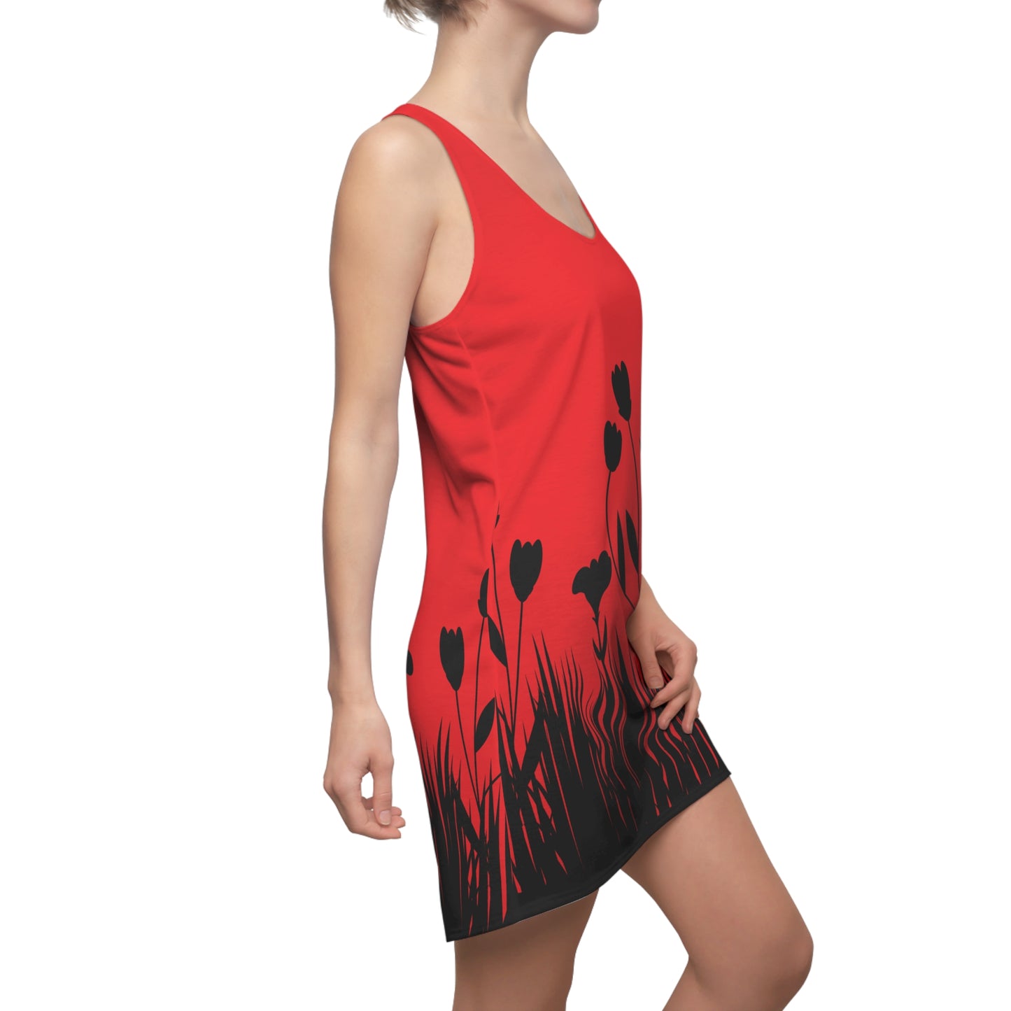 Blumensilhouette Racerback Kleid – Elegant Schwarz Rot