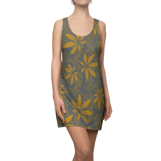 Cannabis Racerback Kleid Damen – Grau Gold Sommerkleid mit Hanfblättern