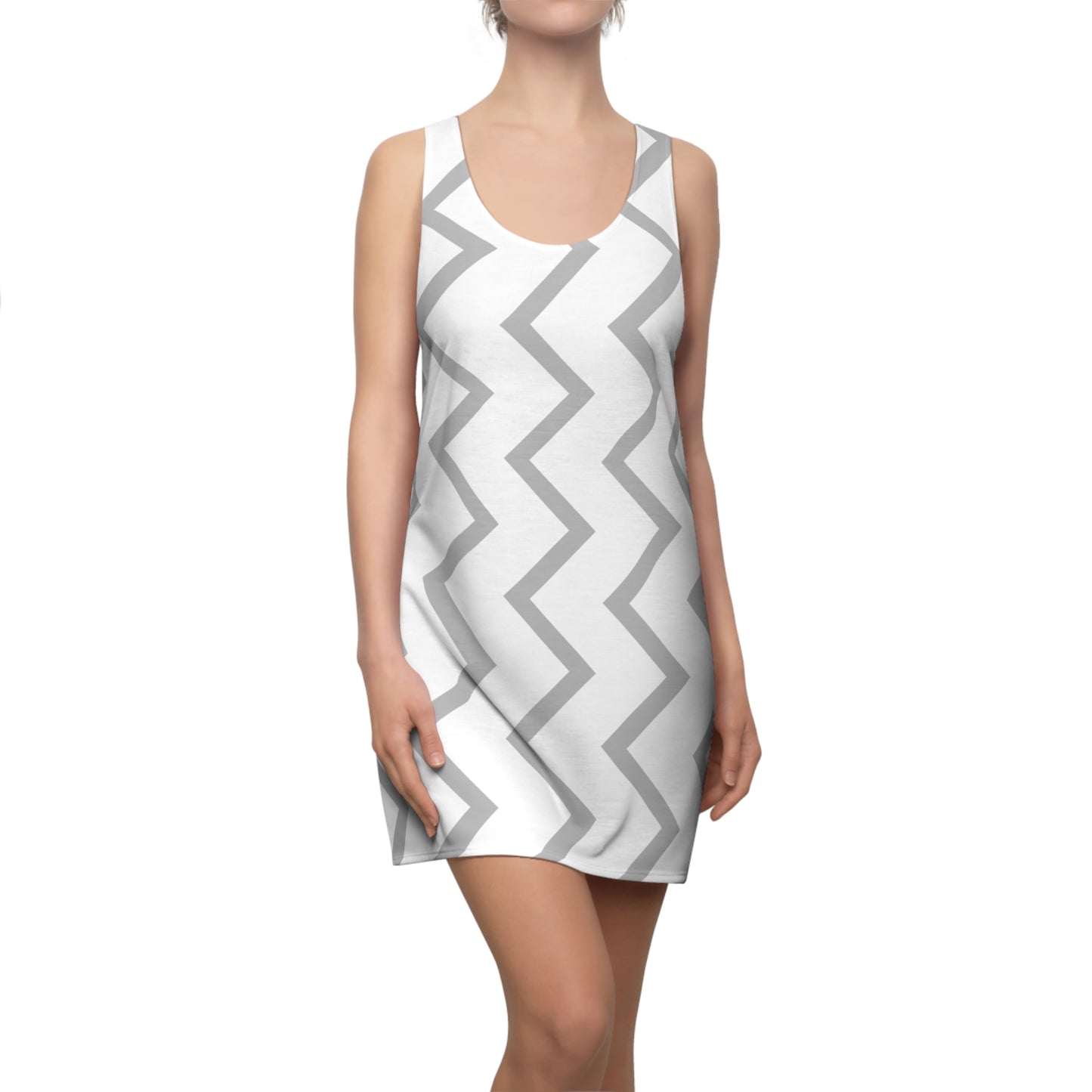 Zickzack Racerback Kleid – Grau Weiß Sommer Damenmode