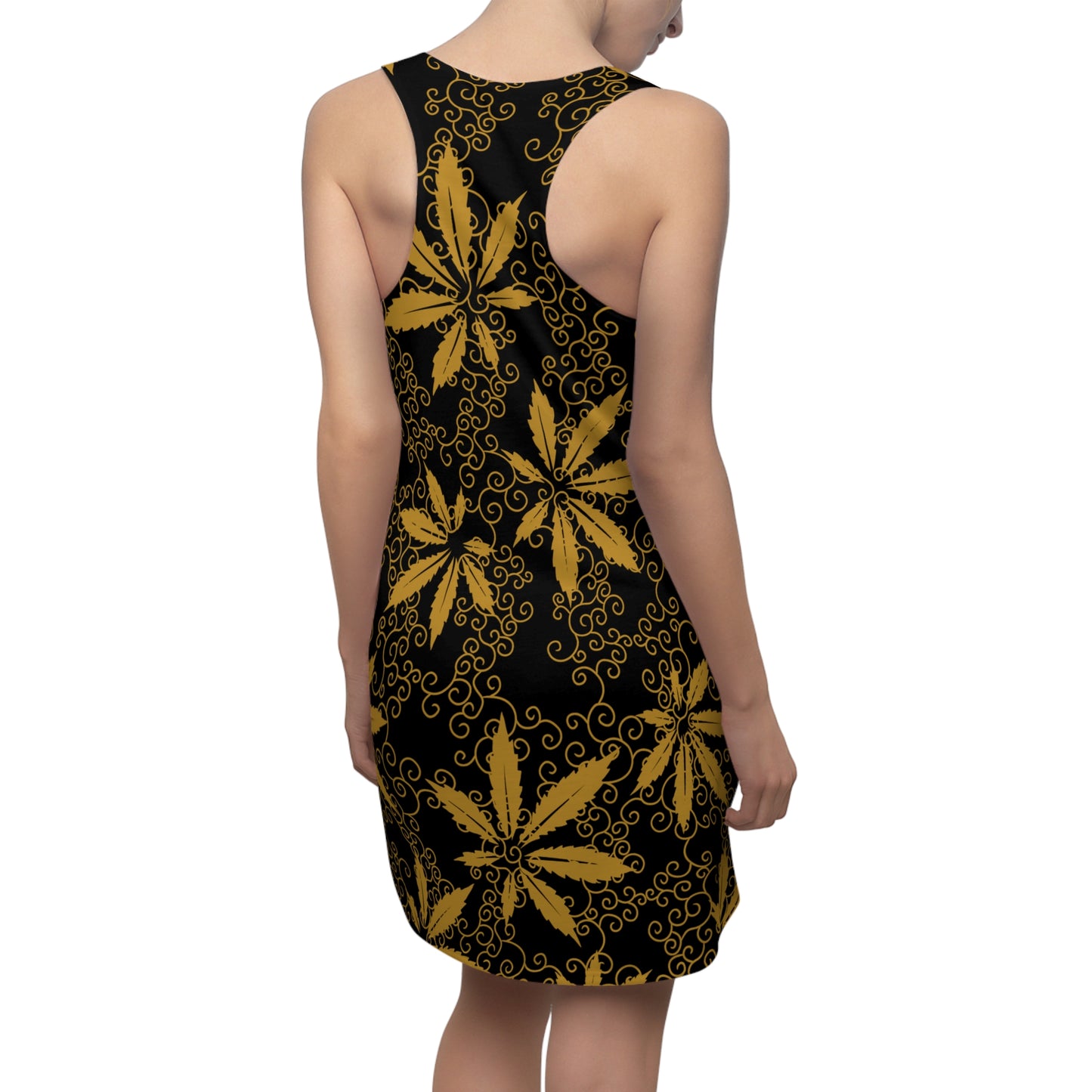 Cannabis Racerback Kleid Damen – Gold Sommerkleid mit Hanfblättern