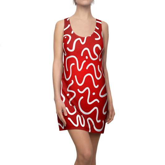 Vibrant Abstract Racerback Dress – Red White Pattern Summer Dress