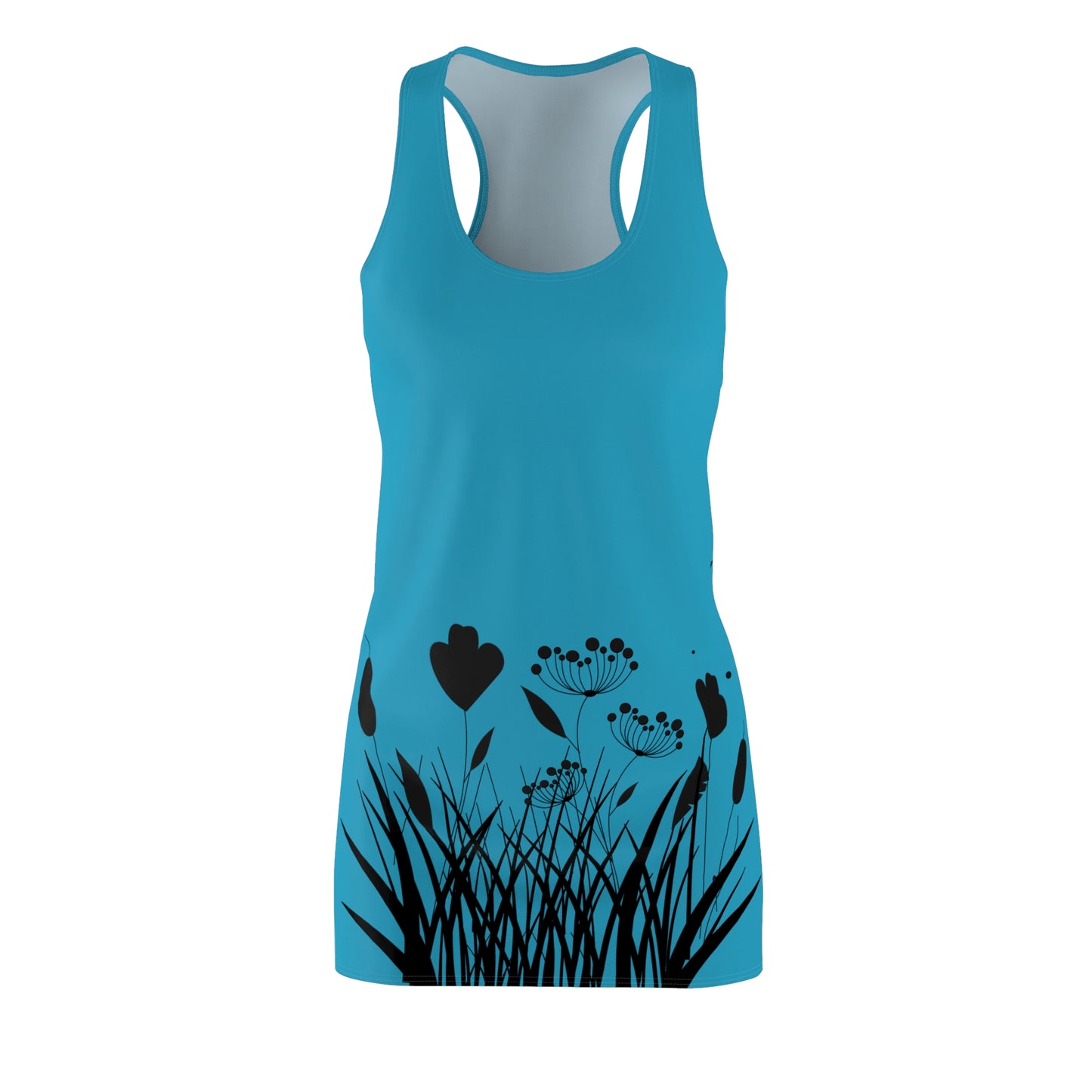 Schwarz Türkis Blumen Racerback Kleid – Elegantes Sommerkleid