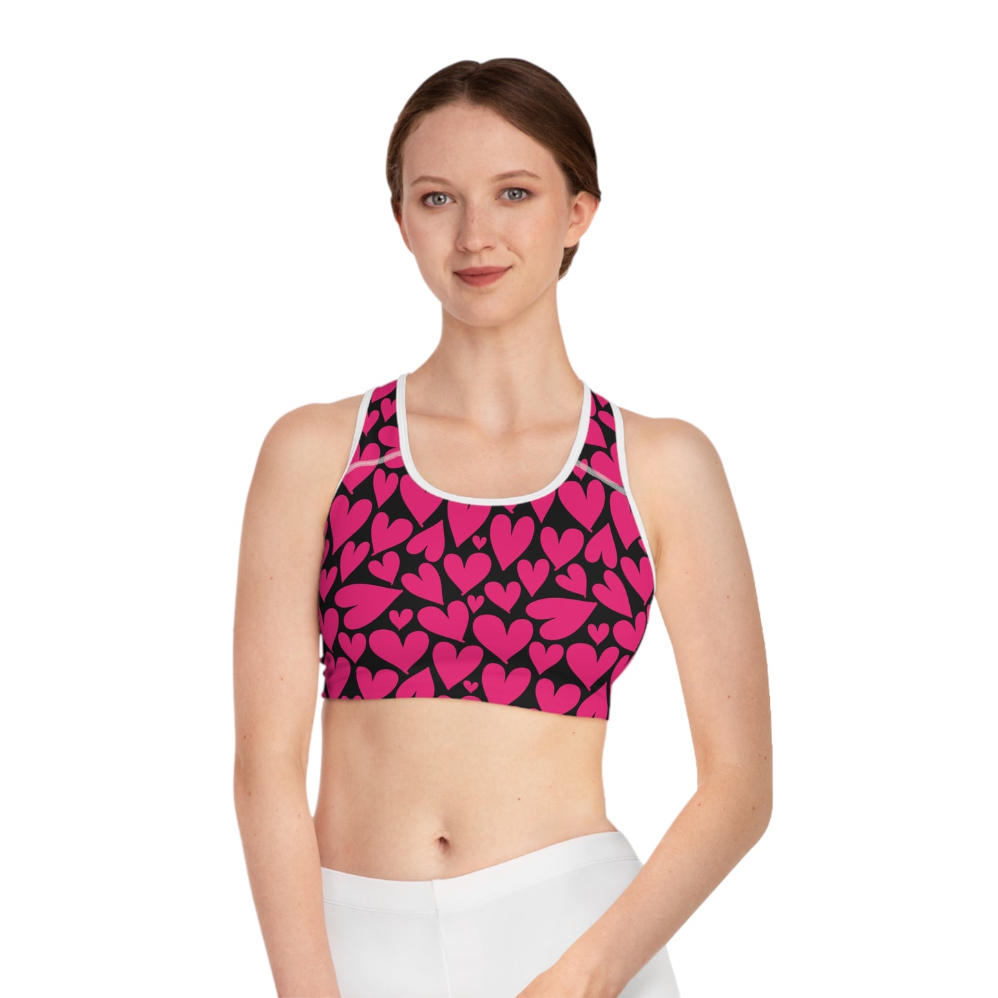 Damen Sport BH Herz Print Pink Schwarz Atmungsaktiv Yoga Fitness Top