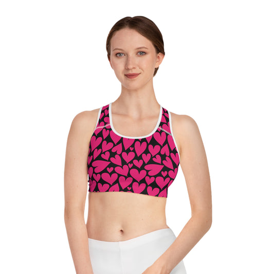 Damen Sport BH Herz Print Pink Schwarz Atmungsaktiv Yoga Fitness Top