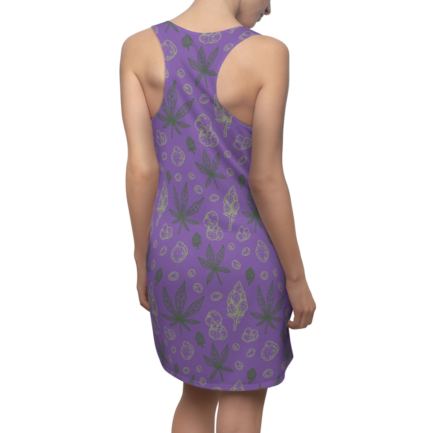 Damen Racerback Kleid Lila mit Cannabis Blättern – Sommerkleid