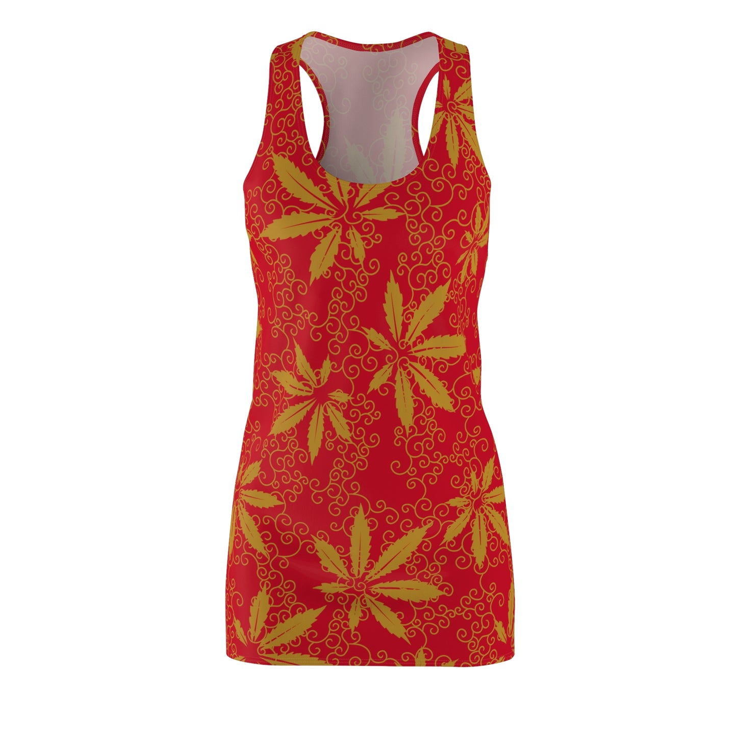 Cannabis Racerback Kleid Damen – Rot Gold Sommerkleid mit Hanfblättern