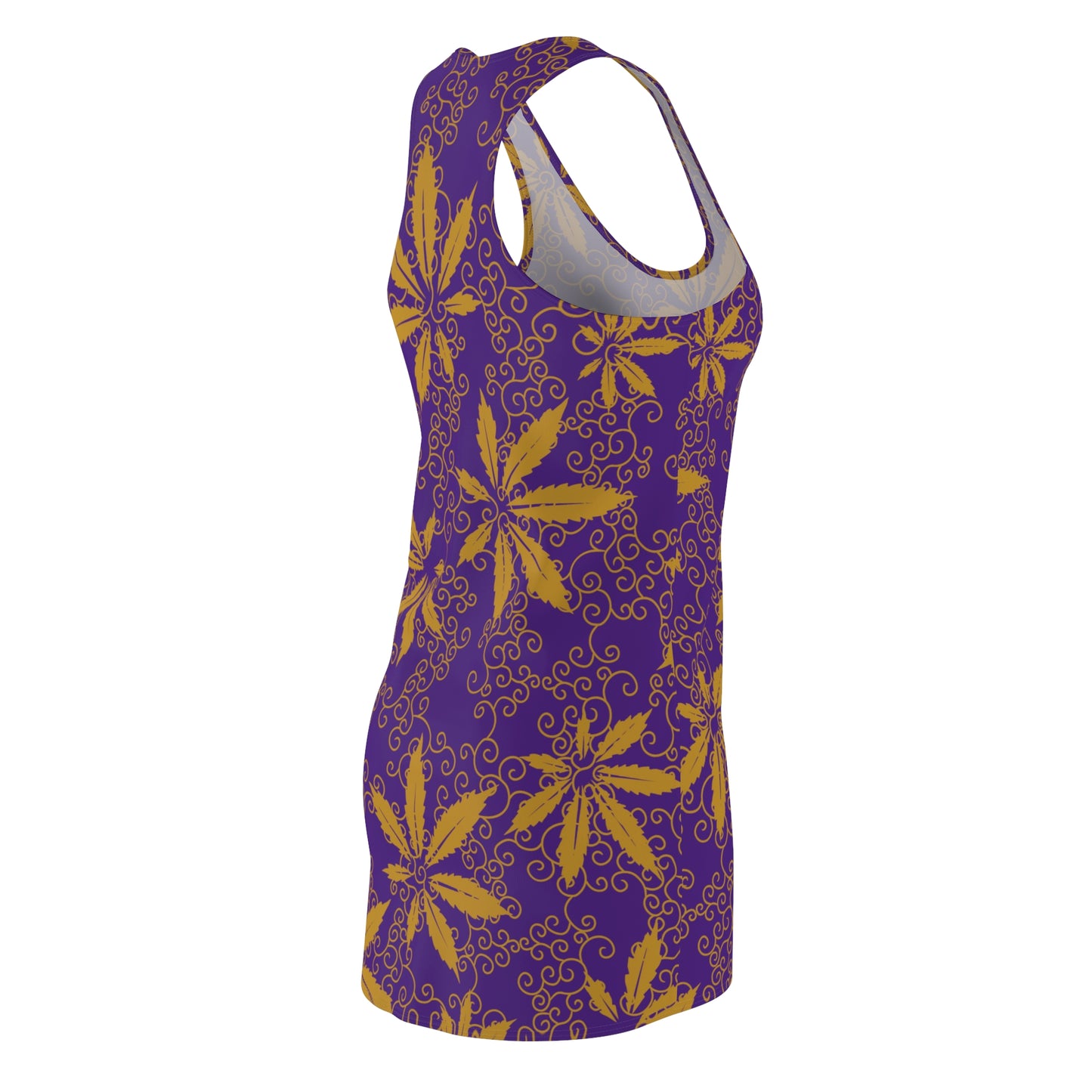 Cannabis Racerback Kleid Damen – lila Gold Sommerkleid mit Hanfblättern