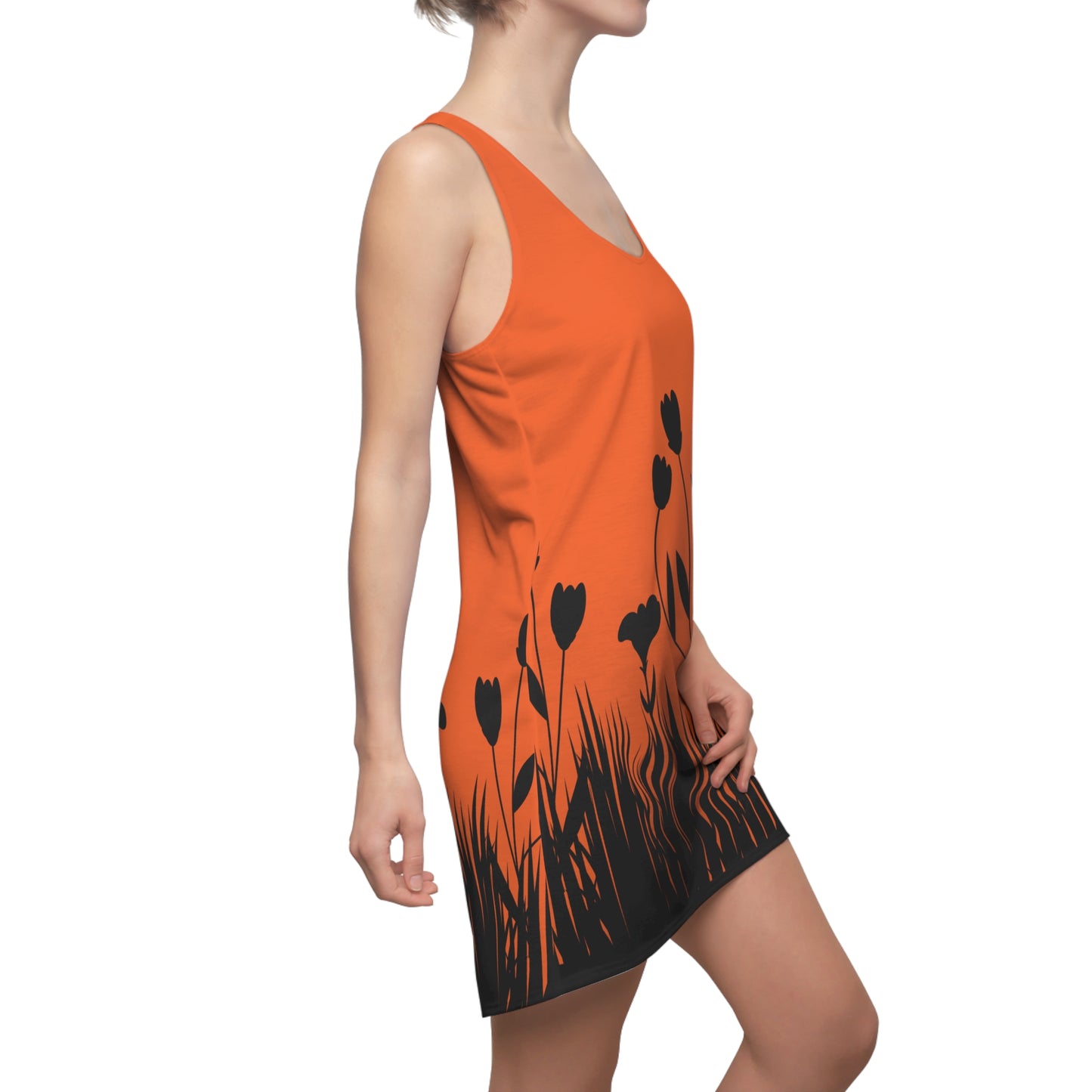 Blumensilhouette Racerback Kleid – Elegant Schwarz Orange