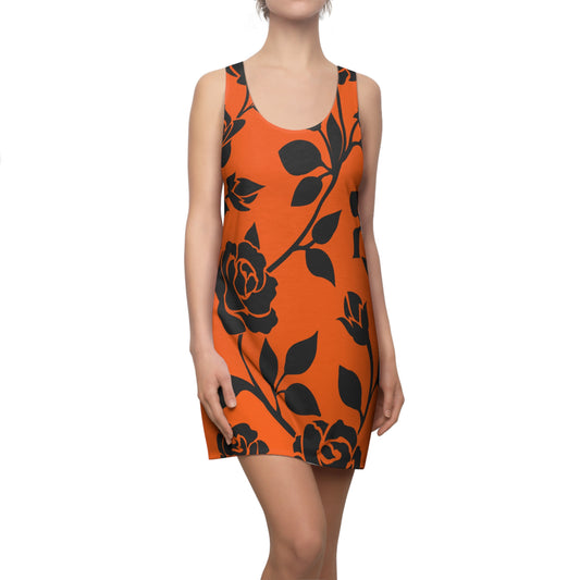 Rosen Racerback Kleid – Elegant Schwarz Orange Design