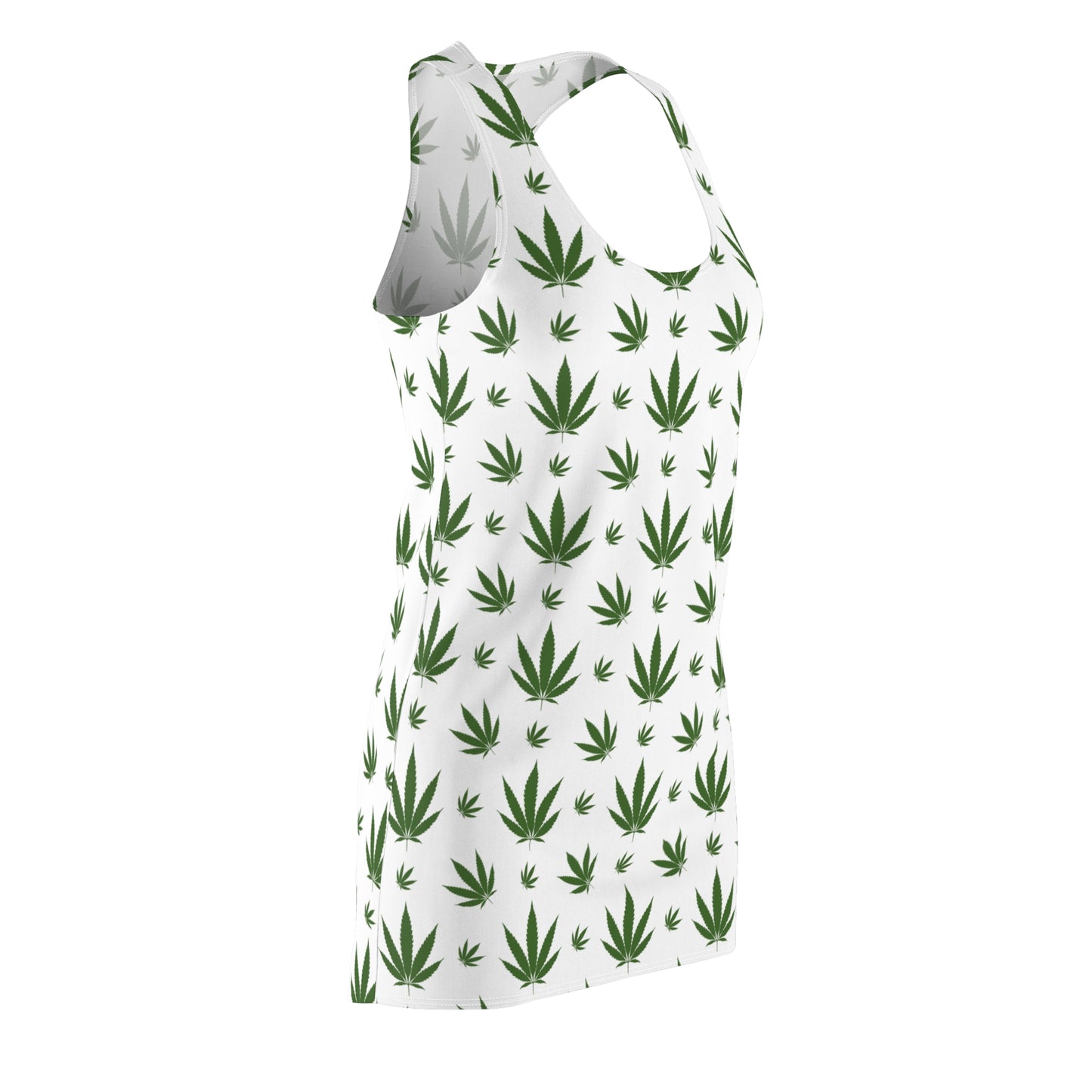 Damen Racerback Kleid Weiß mit Cannabis Blättern – Sommerkleid