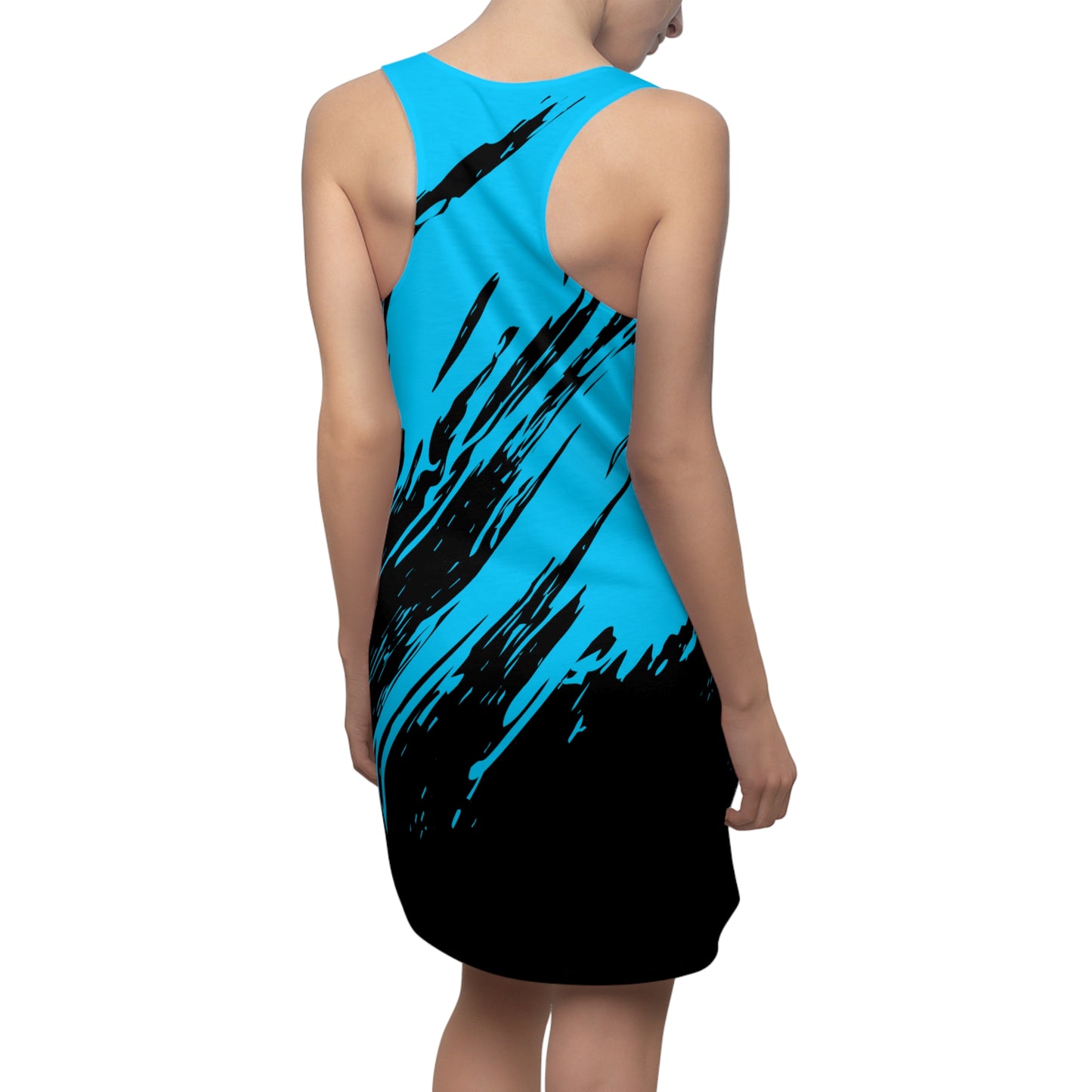 Türkis-Schwarzes Racerback Kleid mit abstraktem Pinselprint