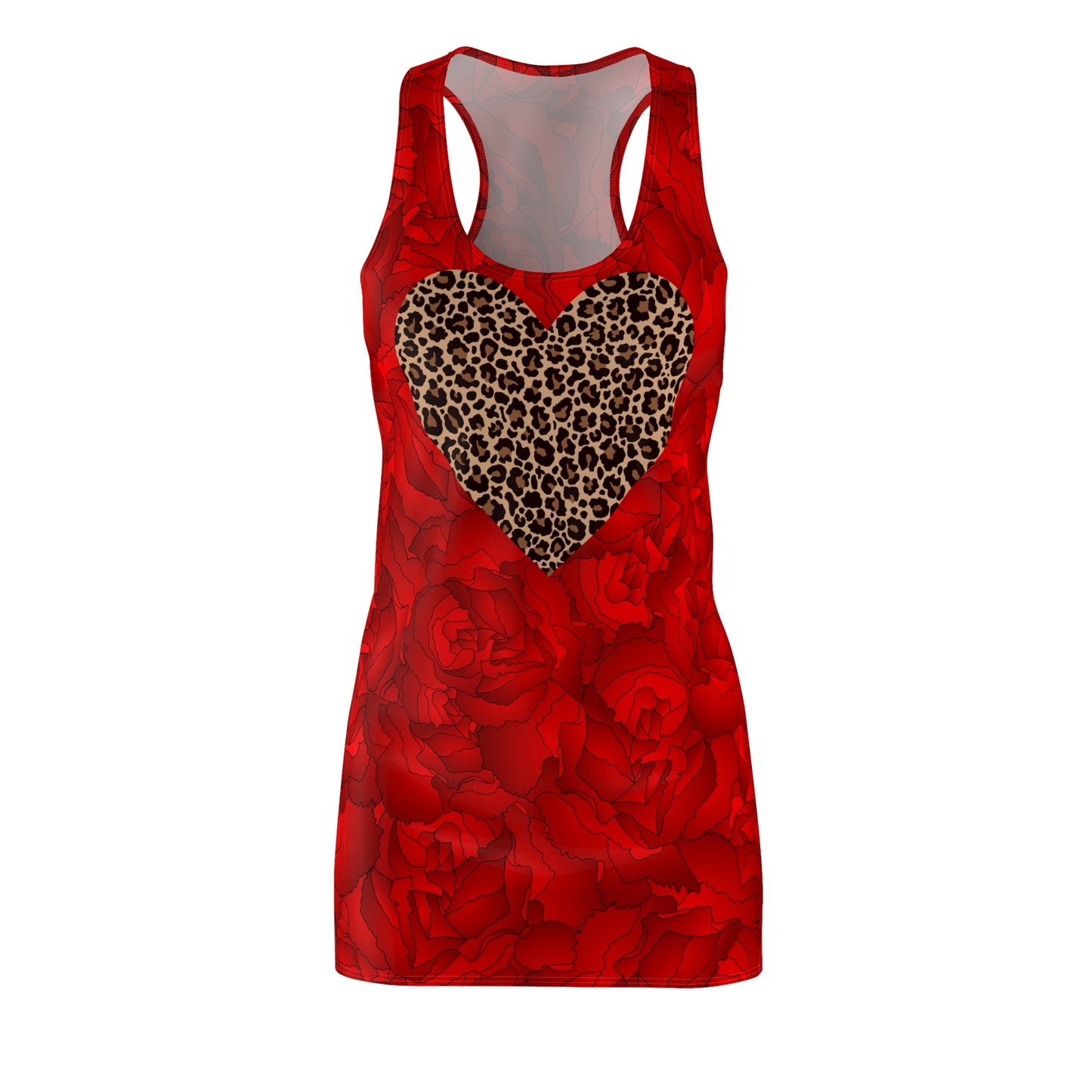 Racerback Kleid mit Leoparden-Herz – Rotes Sommerkleid mit Rosenmuster