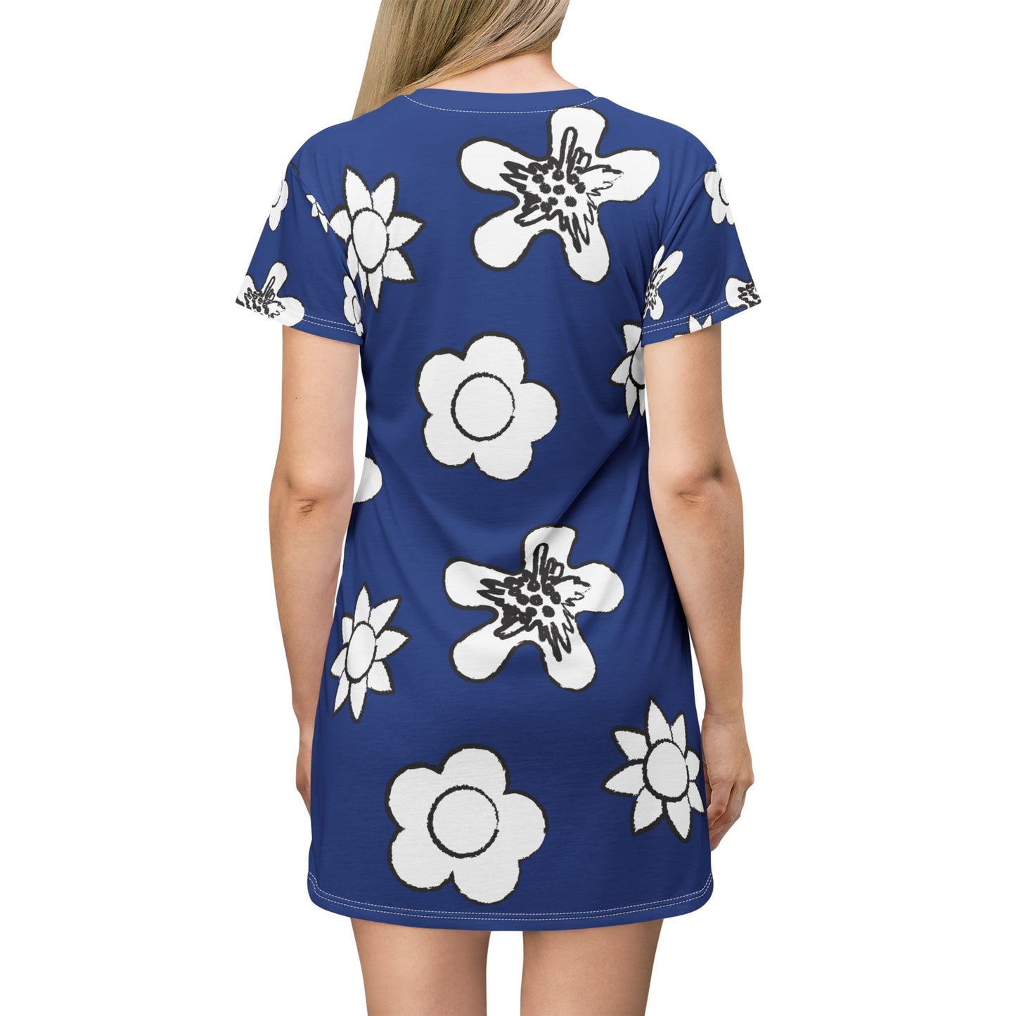 Blaues Damen Kleid Floral T-Shirt Sommer Boho Casual Premium