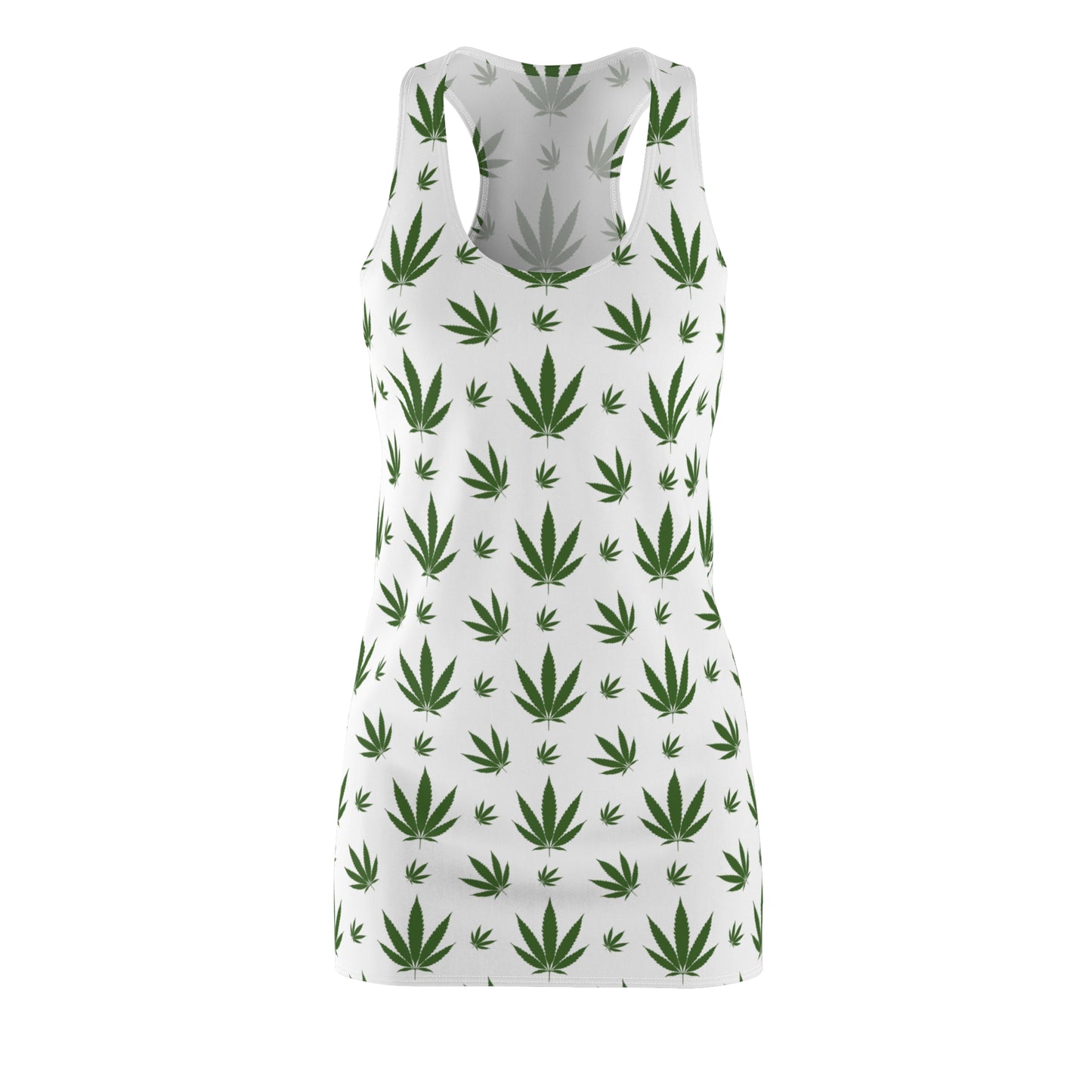 Damen Racerback Kleid Weiß mit Cannabis Blättern – Sommerkleid