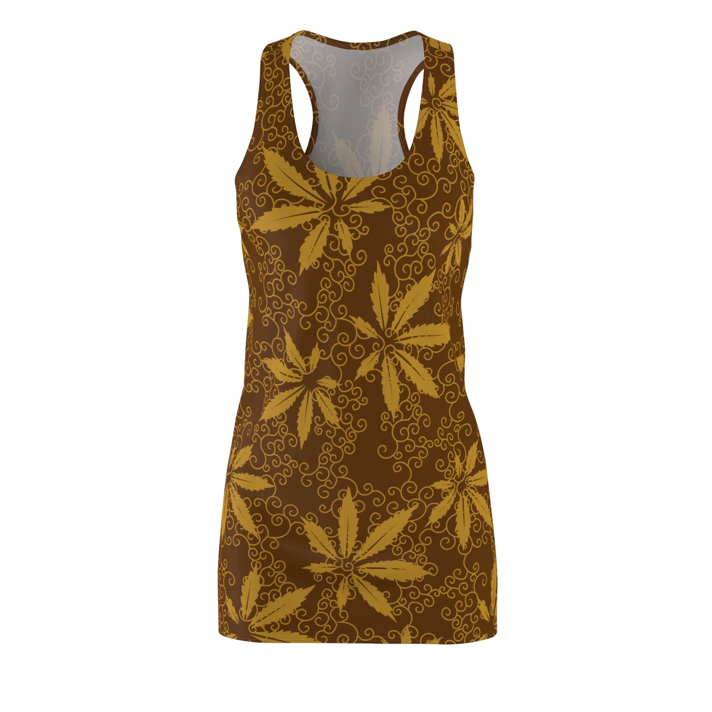 Cannabis Racerback Kleid Damen – Gold Sommerkleid mit Hanfblättern