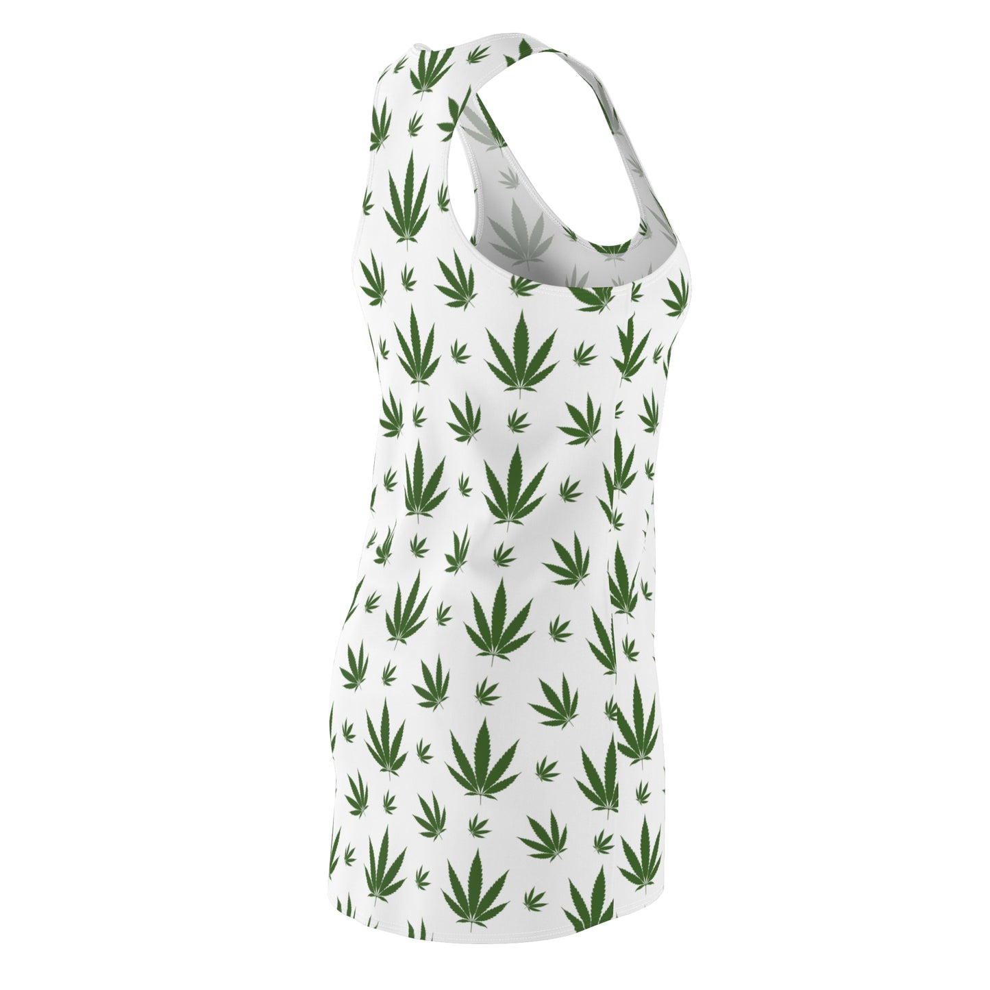 Damen Racerback Kleid Weiß mit Cannabis Blättern – Sommerkleid