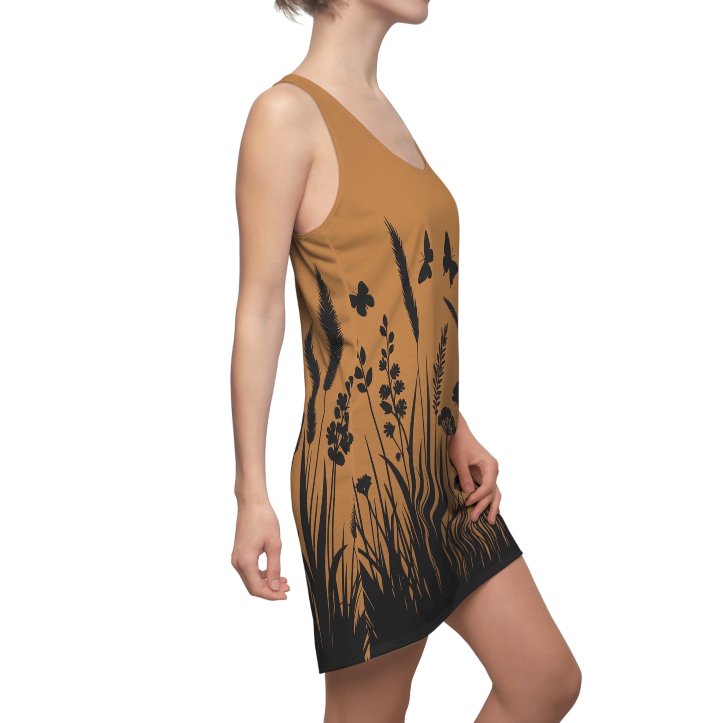 Hellbraunes Naturmuster Racerback Kleid – Schmetterling & Blumen Design